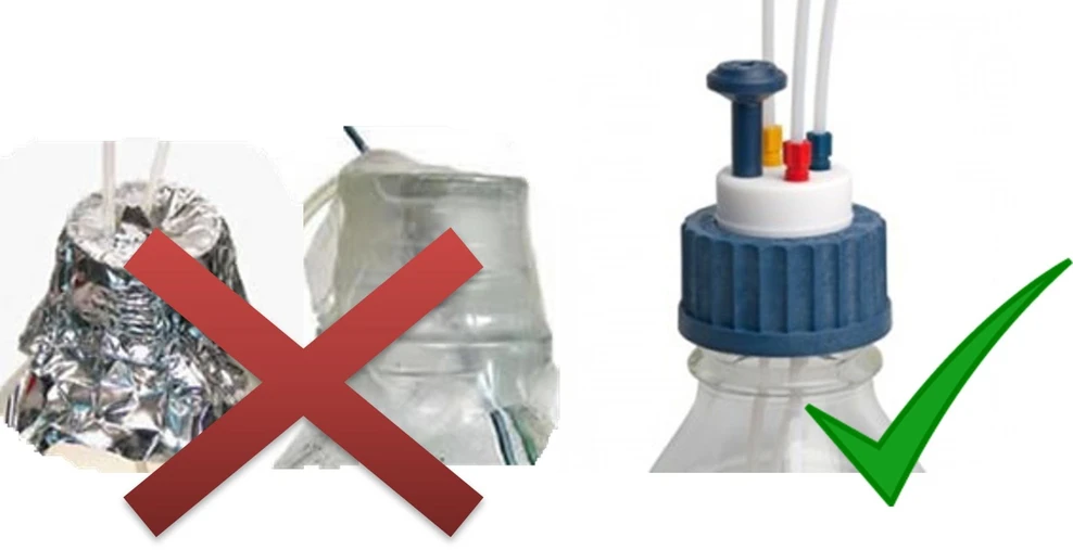 Shimadzu HPLC Blog: Obrázek 1: Správný (√) a nesprávný (x) způsob uzavření láhve s mobilní fází