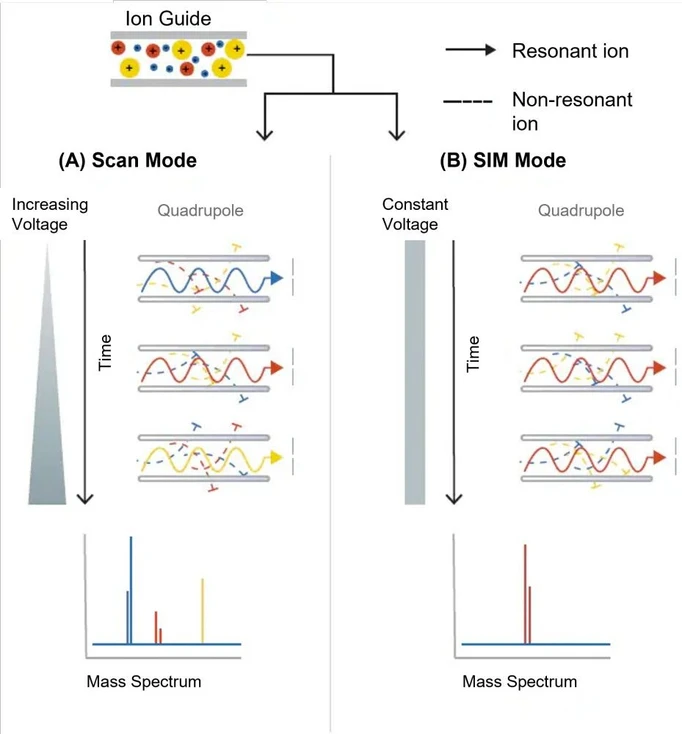 Shimadzu HPLC Blog: Obrázek 6 - Schéma režimu skenování (A) a režimu SIM (B) při použití kvadrupólu.