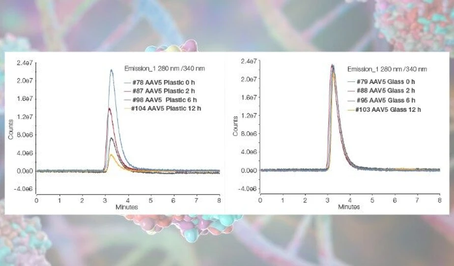Thermo Fisher Scientific: AAV-SEC Analysis: Top 3 Takeaways From the Latest Article: Figure 3.SEC-FLD analysis of AAV in solution. Data shows the change in AAV concentration over 12 hours for a sample stored in plastic vials (left) versus glass vials (right).