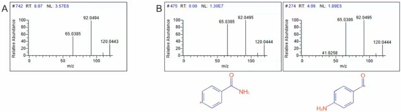Thermo Fisher Scientific: Identification of Substructures in Unknowns Through MSn Data: Figure 1: The MS3 spectra of the unknown (A) and two matching fragment spectra from the library search along with the precursors of those spectra (B).