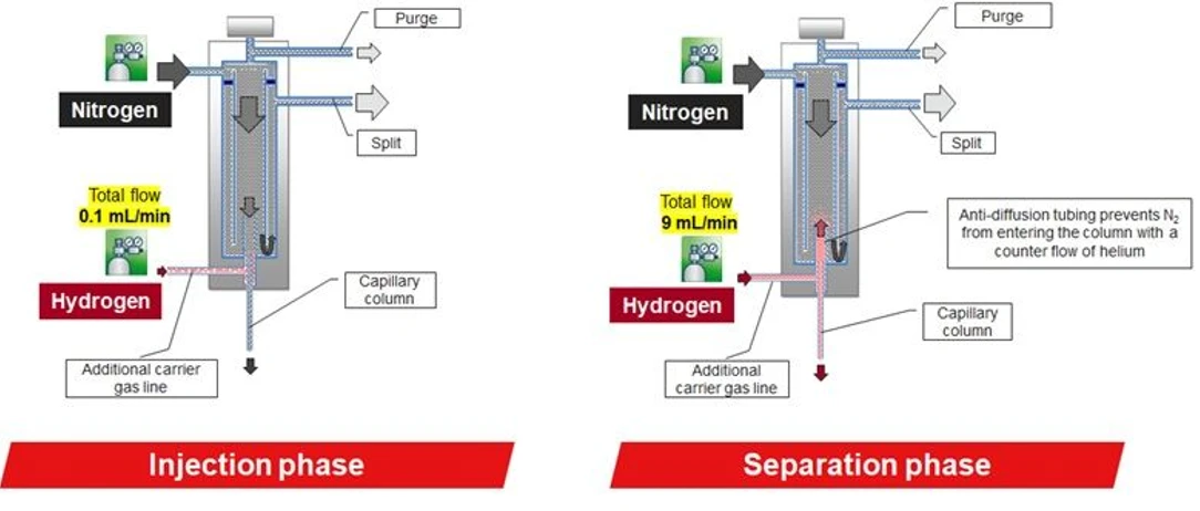 Thermo Fisher Scientific: Using Hydrogen as a Carrier Gas With GC and GC-MS: Be Safe and Efficient: HeSaver-H2Safer SSL injector working with carrier hydrogen and nitrogen as pressurizing gas.