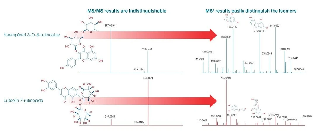 Thermo Scientific AcquireX Intelligent Data Acquisition Workflow: Comparative MS/MS spectra for two flavonoid structrual isomers where the only structural difference is associated with aglycone substructure. The addition of the two sugar rings to the base aglycone substructure results in similar MS/MS spectral patterns prohibiting correct structural identification despite low mass errors for precursor and MS/MS product ions. Incorporation of neutral-loss triggered MS3 performs tandem mass spectral analysis and subsequent MS3 acquisition resulting in clearly defining the two isomeric compounds.