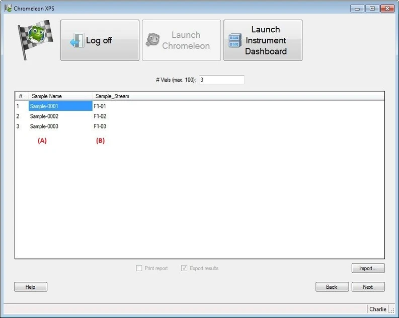 Thermo Scientific™ Chromeleon™ XPS Open Access Software: Next, enter the sample names (C) and any other parameters (D) required for the analysis.