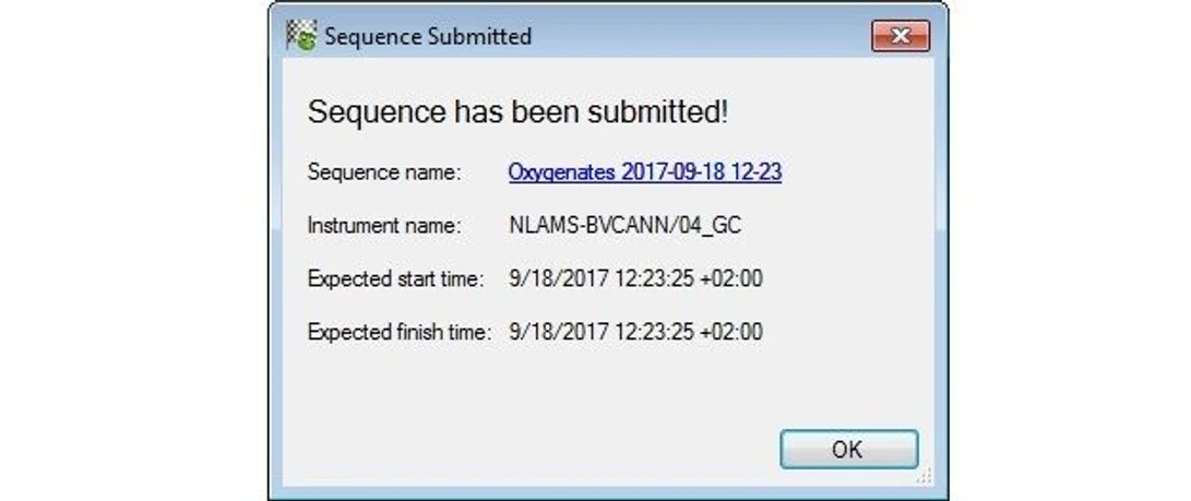 Thermo Scientific™ Chromeleon™ XPS Open Access Software: The sequence is submitted and will run. The operator is shown the expected start and finish time of the analyses.
