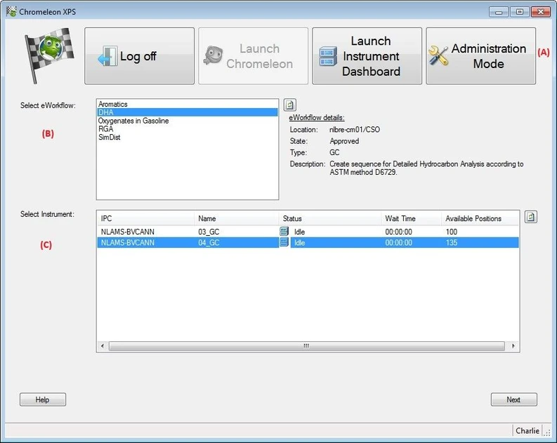 Thermo Scientific™ Chromeleon™ XPS Open Access Software: The lab manager can customize Chromeleon XPS to show or hide individual toolbar buttons (A), which eWorkflows are visible to users (B) and which instruments they can access (C).