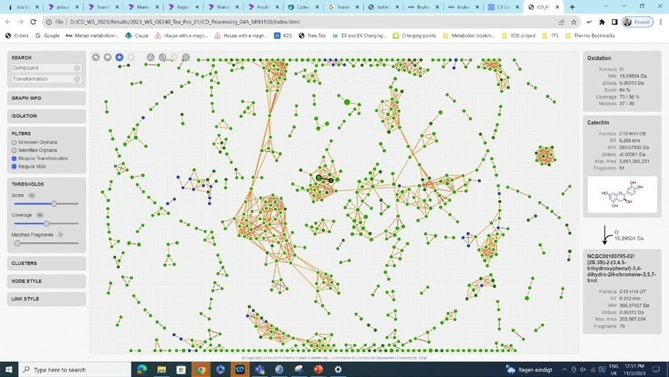 Thermo Scientific Compound Discoverer software: Compound Discoverer software builds intrinsic compound-based molecular networks. The networks are interactive with dynamic data visualization through node and edges coloring and annotation in the associated panes. Parameters are adjustable from within the network page and important findings can be tagged back in Compounds table.