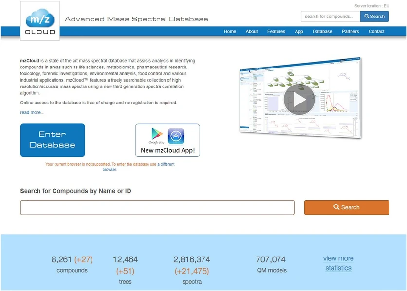 Thermo Scientific mzCloud Mass Spectral Library: mzCloud is easily and freely accessed online. Anyone can search, review, and use its extensive information. Note that the numbers above were correct at time of publication. For the most up to date numbers visit mzCloud.org.