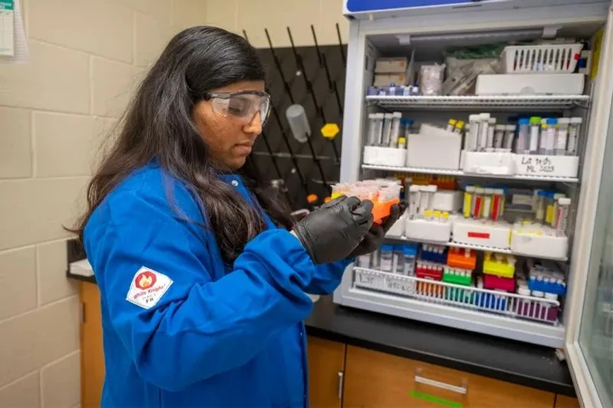 University of Notre Dame: Graduate student Anita Amate removes fentanyl solutions stored in a refrigerator along with other controlled substances for use in the analysis of street drugs.