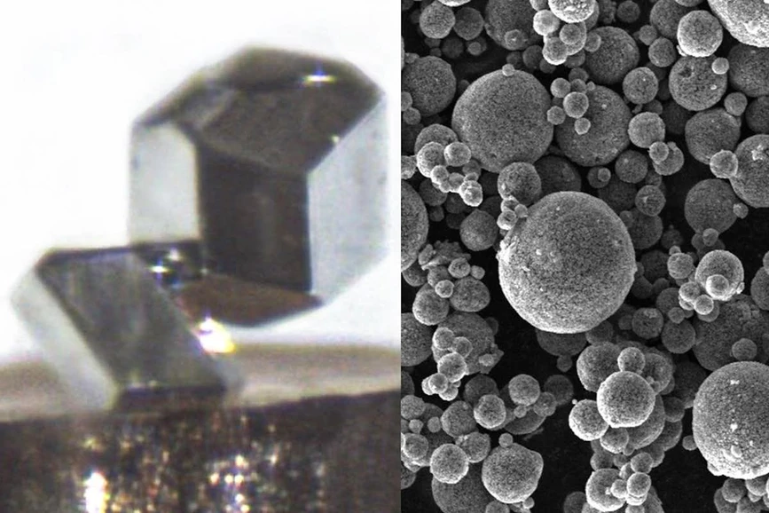 Washington University in St. Louis / Peng Bai, Rajeev Gopal and Ethan Boutelle: Peng Bai’s research group combines stable sodium metal plated in liquid electrolyte (left) with precisely engineered particles of sodium vanadium phosphate (right) to create safe and efficient sodium batteries.