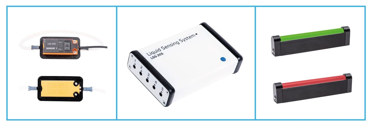 Watrex: Example of LSS-205 components. From left: level sensor, central unit, and traffic light for optical signaling.