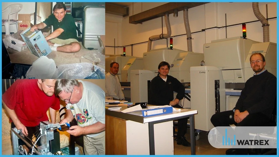Watrex: Fig. 8: Preparation moments for demonstrating the Caddy™ robotic system at Amersham’s California headquarters. Top left: Marek Minárik, bottom left: Milan Minárik and Roman Kysilka, right: Michal Náhunek, Marek Minárik, and Roman Kysilka at the installed Caddy™ systems in the Genomic Center at the University of Braunschweig, Germany.