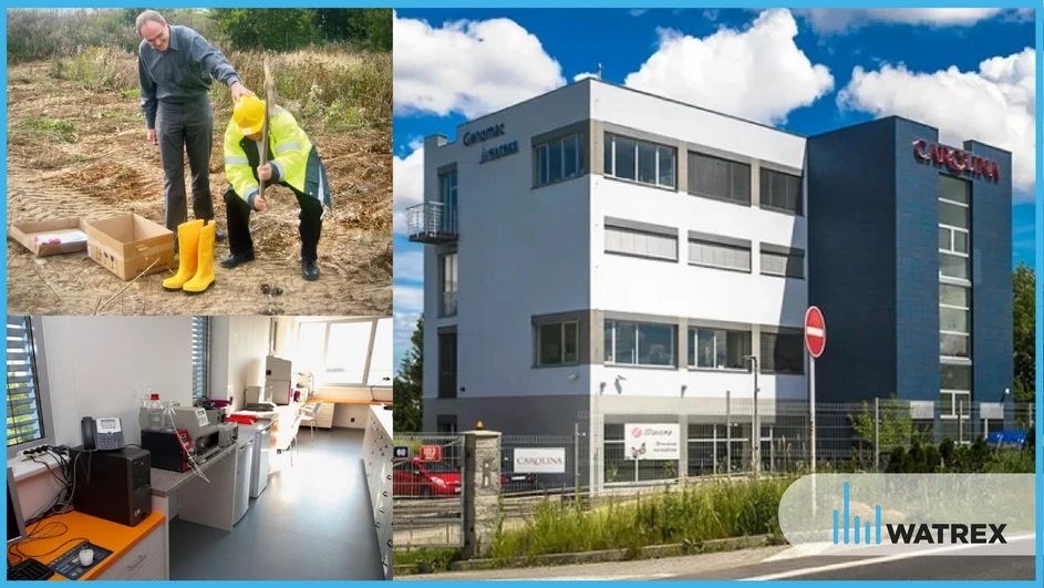 Watrex: Fig. 9: Top left: Milan Minárik and Michal Náhunek at the ceremonial laying of the foundation stone for the new Watrex headquarters, the Carolina Center; bottom left – new HPLC laboratory in the new building. Completed Carolina Center – the current Watrex Prague headquarters.