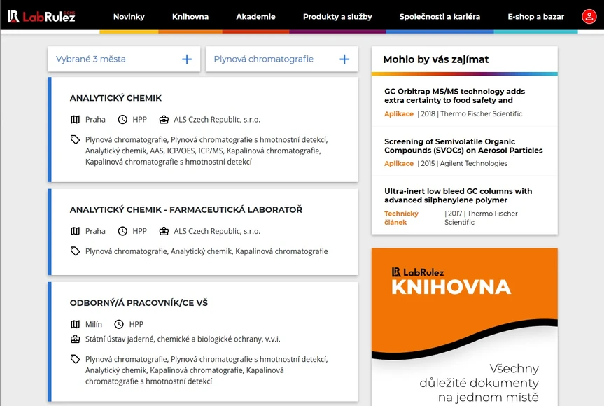 <p>LabRulez: Sekce KARIÉRA - nabídka pracovní pozic v oblasti především analytické chemie</p>

