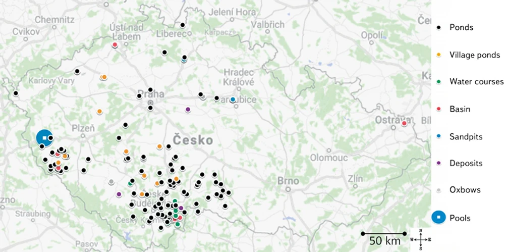 VTEI/Google: Obr. 2. Mapa České republiky zobrazující odebrané lokality
